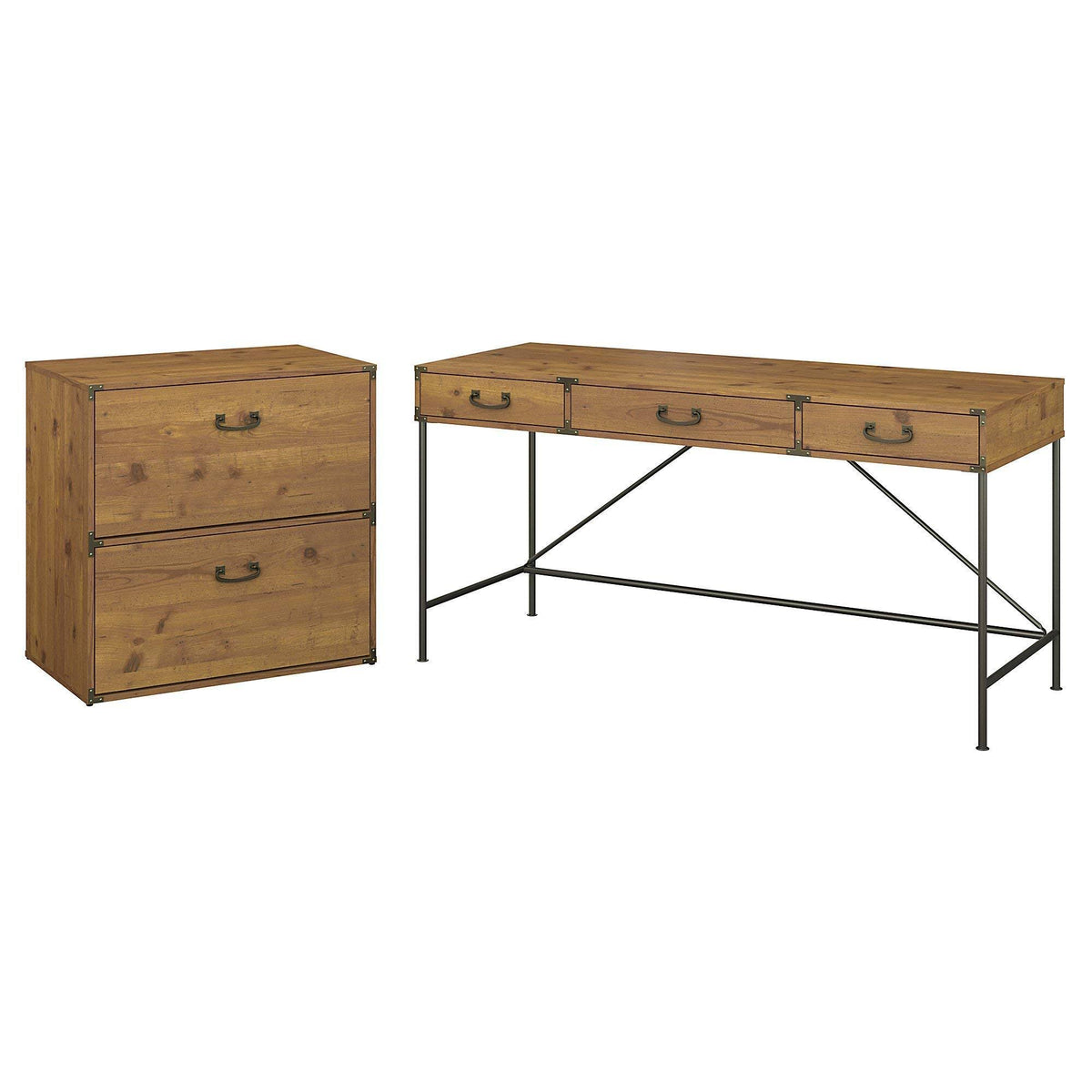 Vintage Golden Pine Writing Desk with Lateral File Cabinet C556