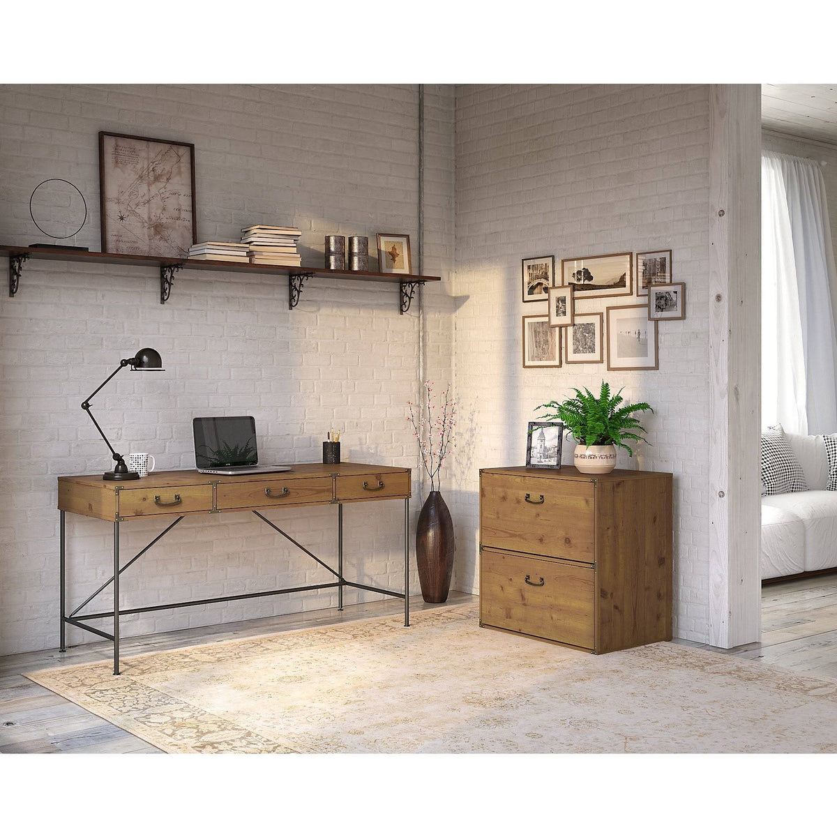 Vintage Golden Pine Writing Desk with Lateral File Cabinet C556