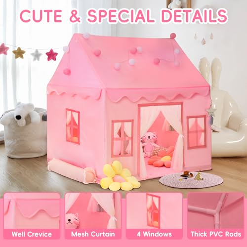 Large Kids Tent Playhouse Base Fabric with Star Lights, Flags and Tote Bags, Washable Teepee Tent, Neutral Color I4122