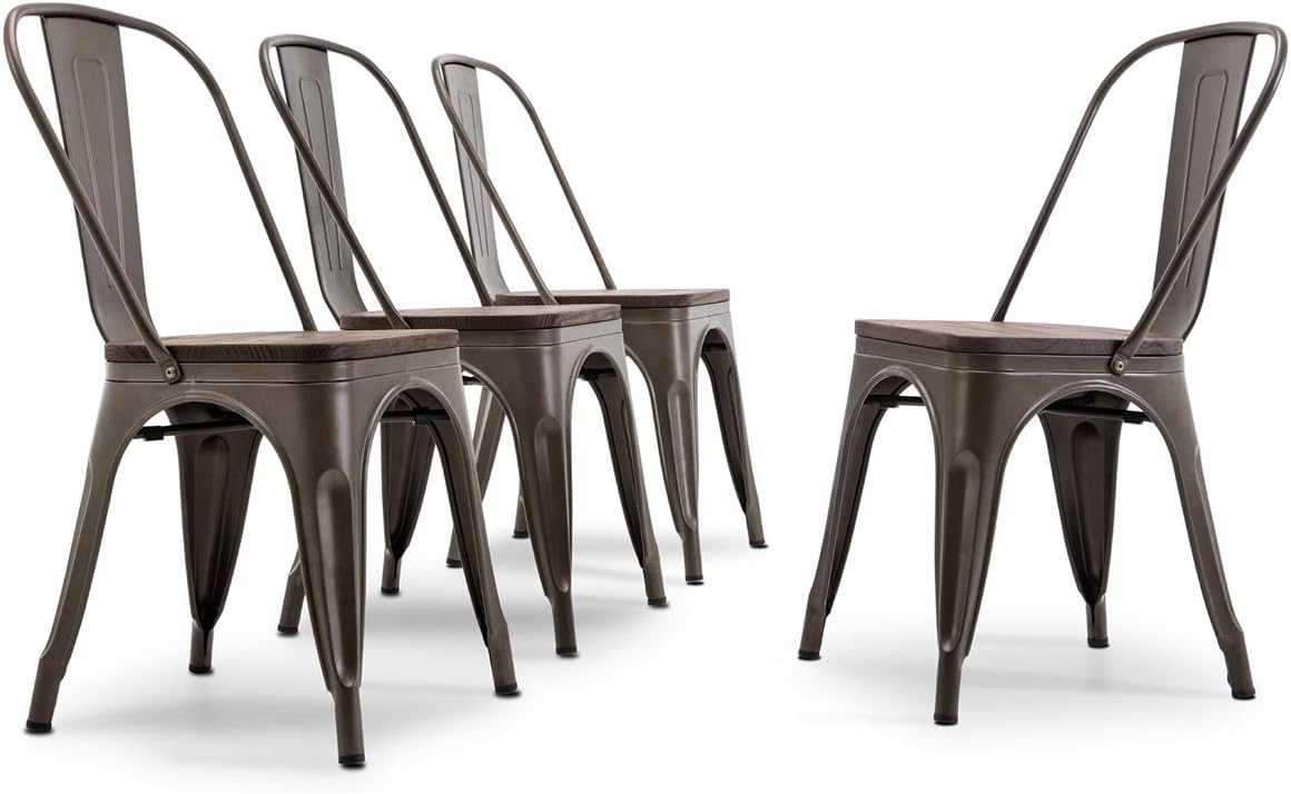 Set of 4 Stackable Metal Dining Chairs with Wood Seat R9421