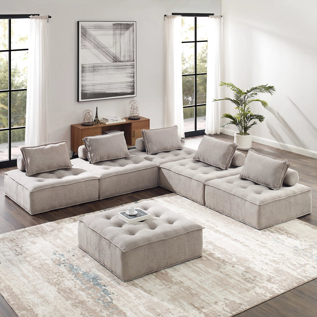 Beige Fabric Button Tufted Sectional Sofa T9728