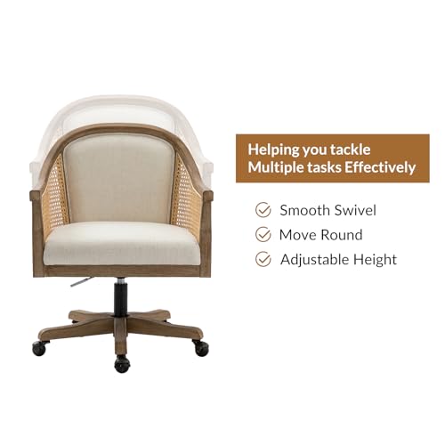 Ivory Upholstered Rattan Desk Chair with Armrest Q4538