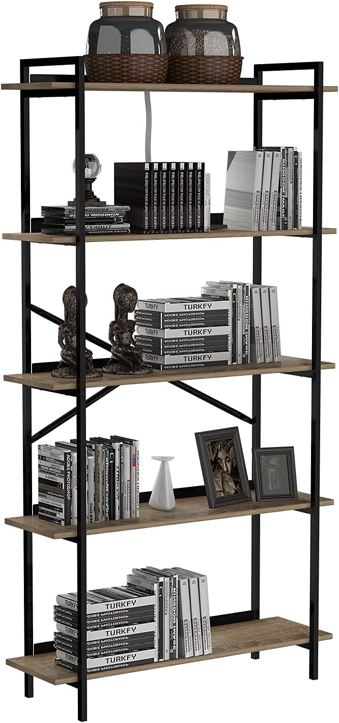 5-Tier Dark Brown Wooden Bookcase with Metal Frames E790