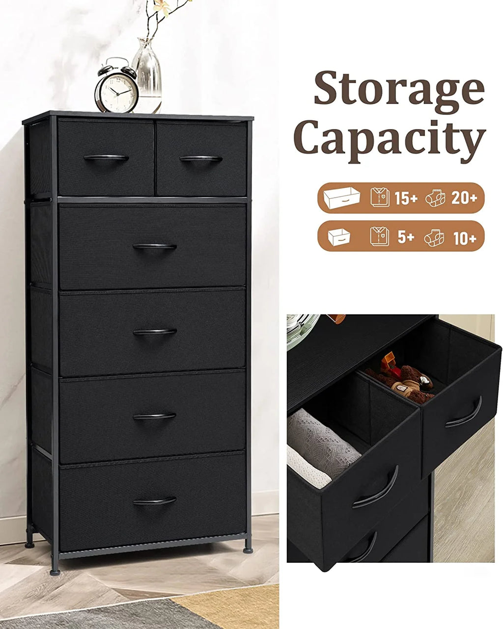 Black 6 Drawer Fabric Dresser N4040