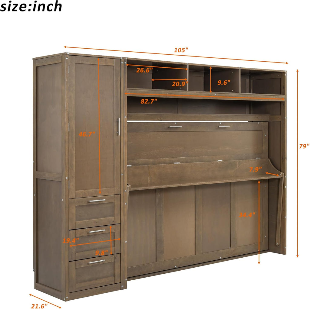 Full Size Murphy Bed Frame with Wardrobe, 3 Drawers and Open Shelves U8167
