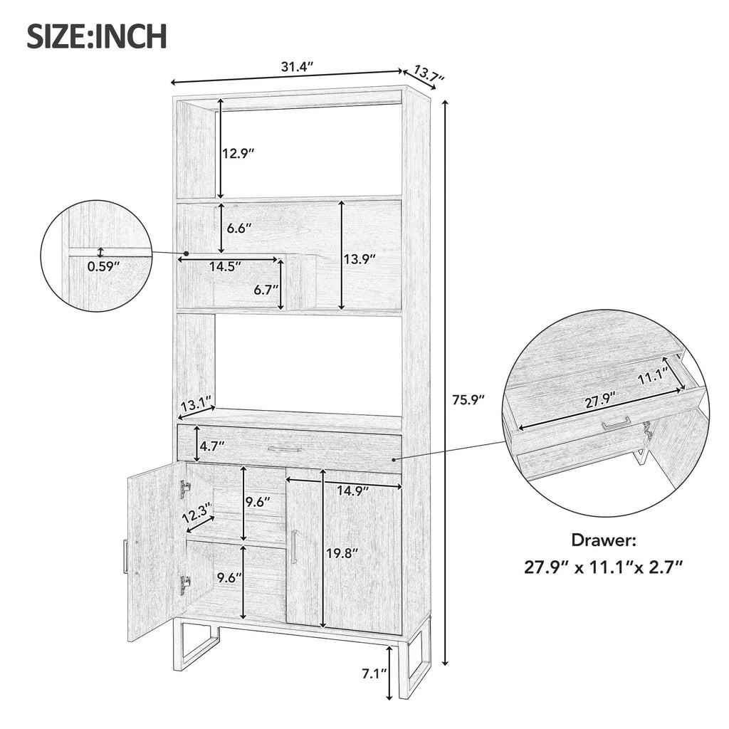 76" Wooden Bookshelf with Doors, Storage Drawer and LED Strip Lights F127192