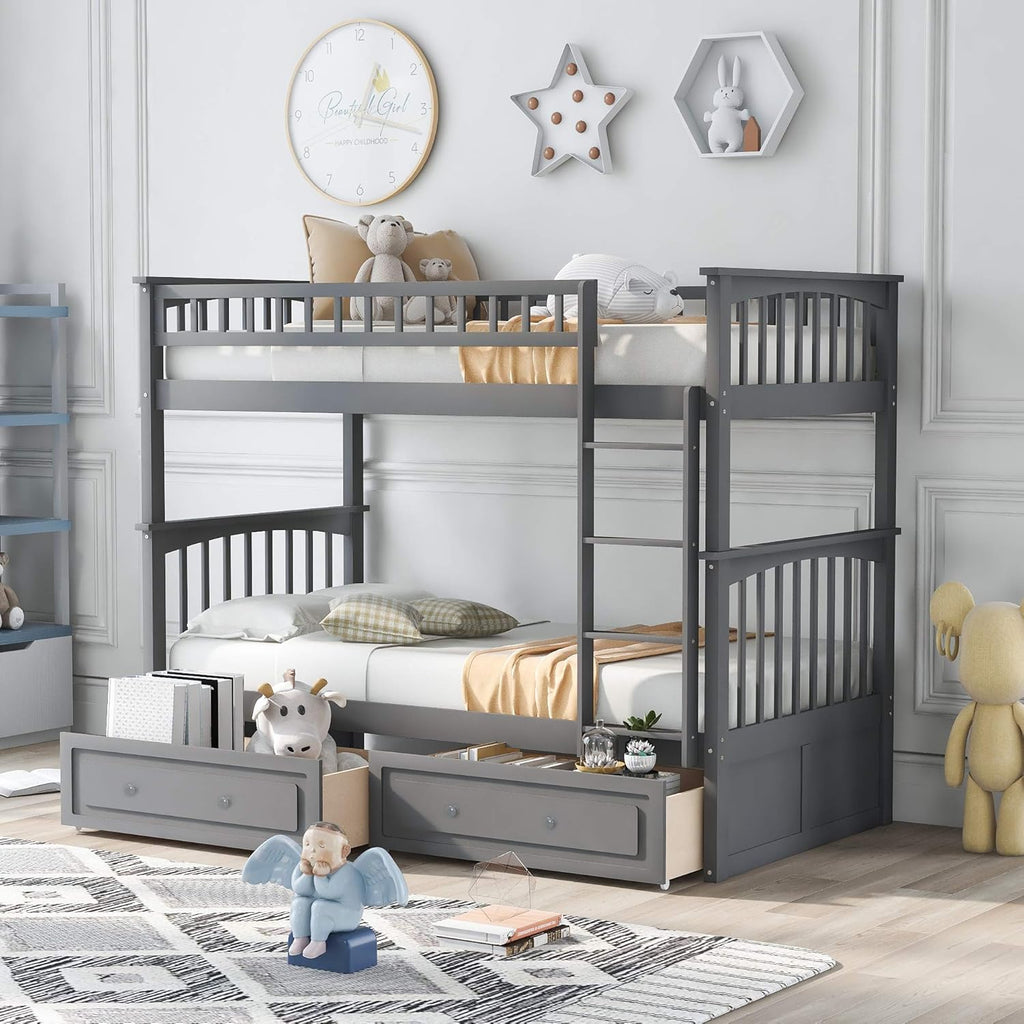 Grey Solid Wood Twin Over Twin Bunk Bed with Two Storage Drawers X4565