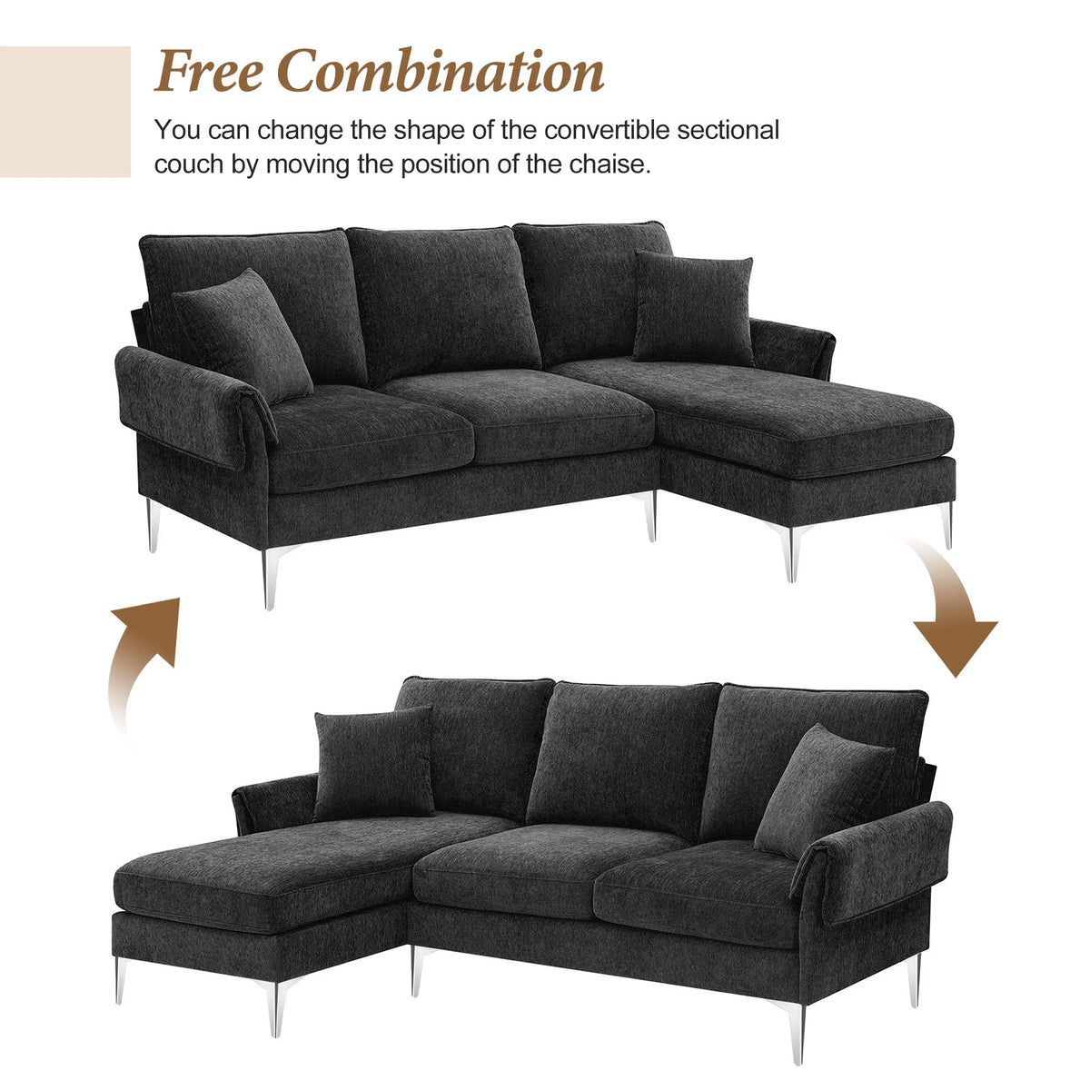 84" L-Shaped Black Sofa with Reversible Chaise I397