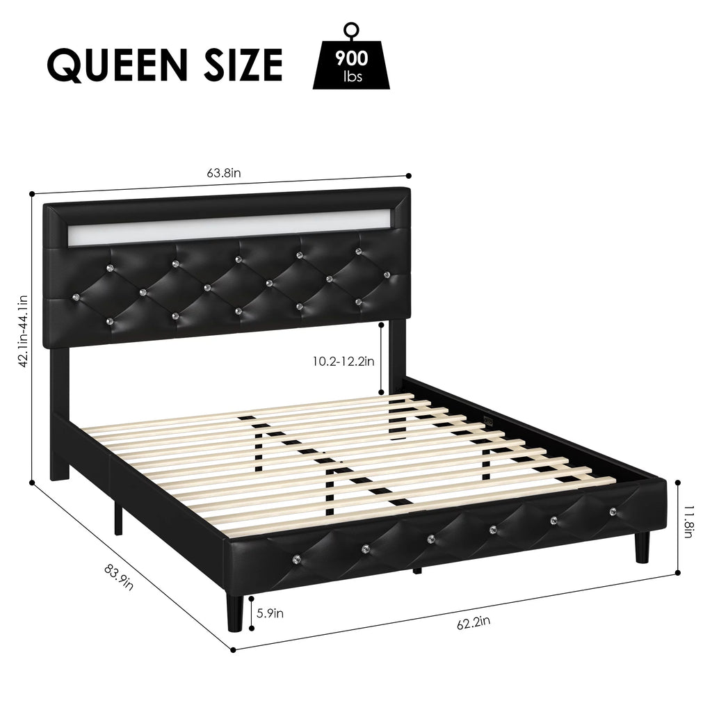 Queen Size LED Upholstered Platform Bed Frame with Adjustable Headboard X884