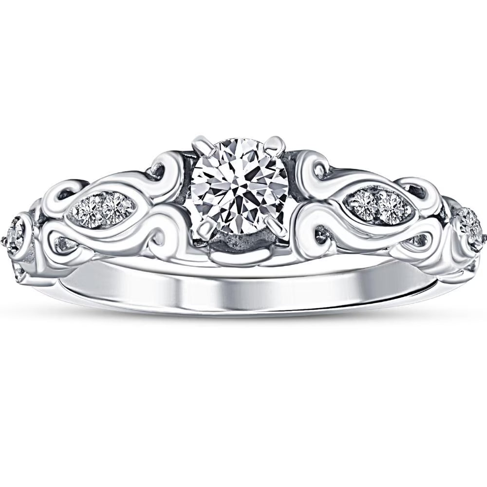 Vintage Diamond Engagement Ring 14K White Gold H100