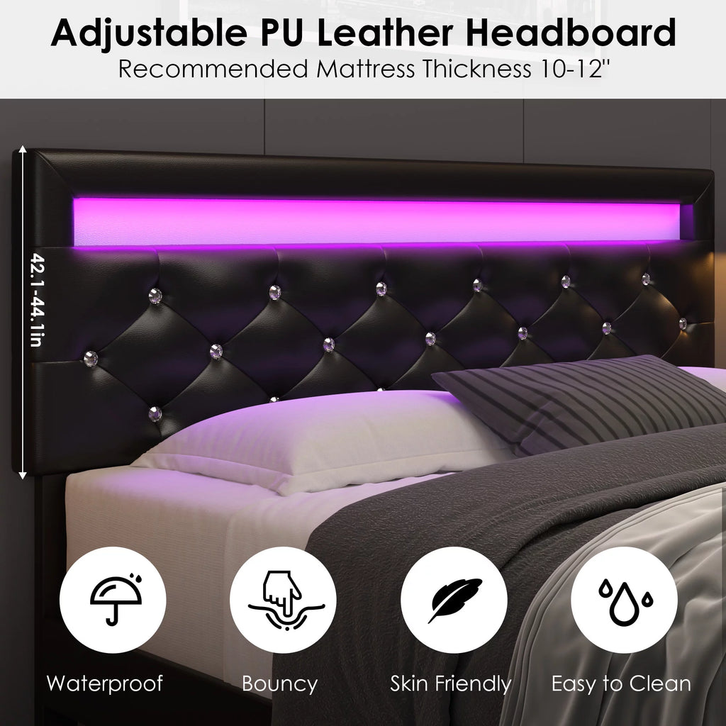 Queen Size LED Upholstered Platform Bed Frame with Adjustable Headboard X884
