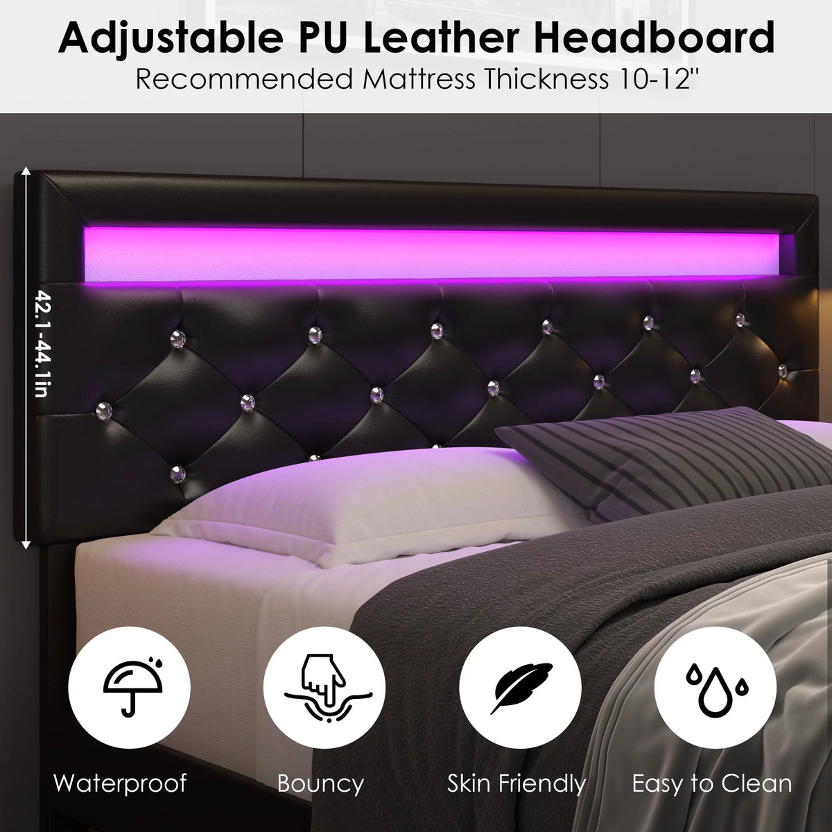 Queen Size LED Upholstered Platform Bed Frame with Adjustable Headboard X884