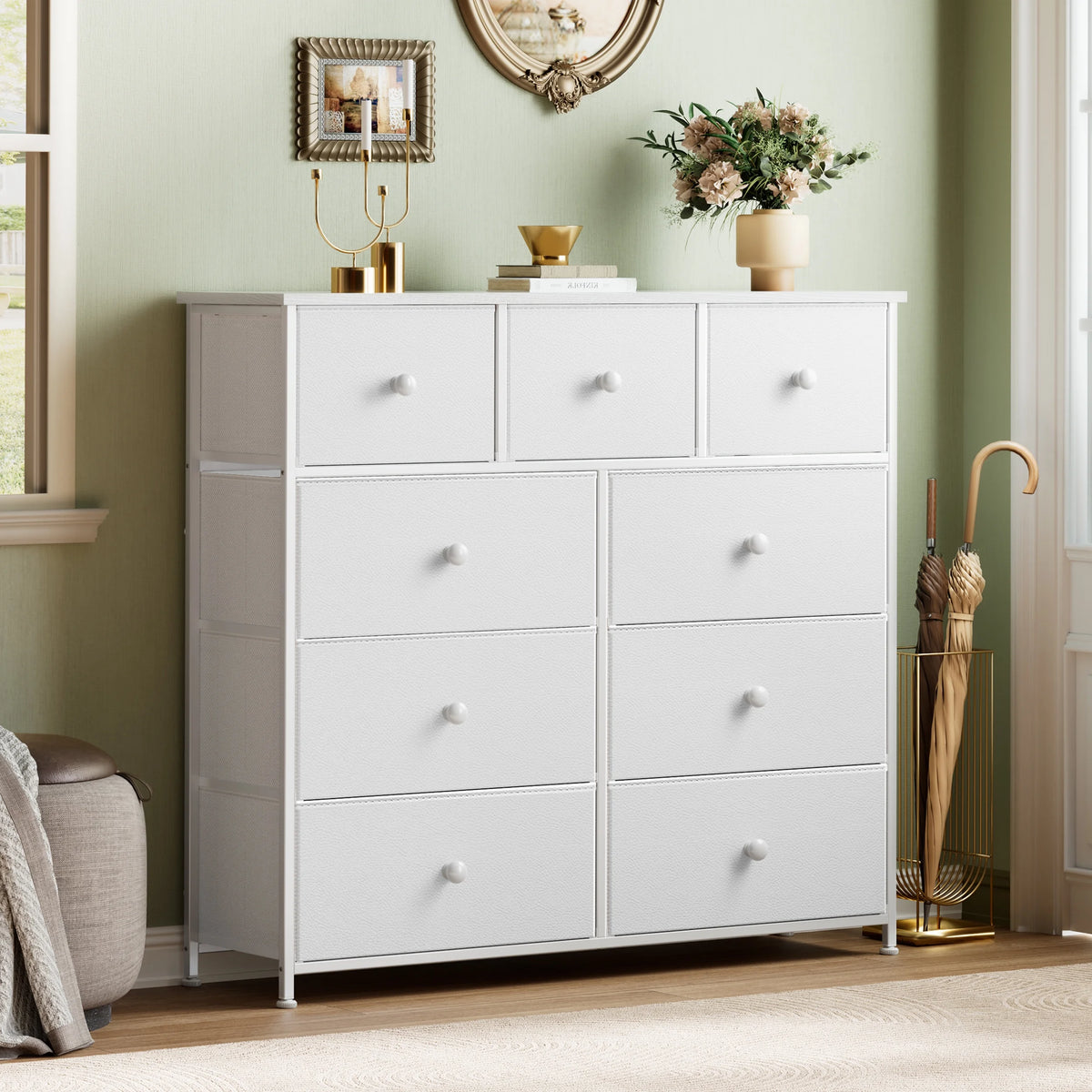 9 Drawer Fabric Dresser with Leather Finish R935596