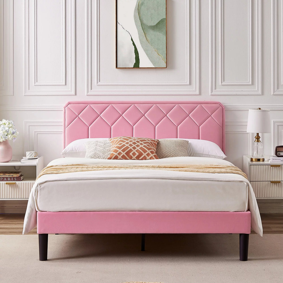 Twin Size Upholstered Platform Bed Frame with Adjustable Headboard B92442