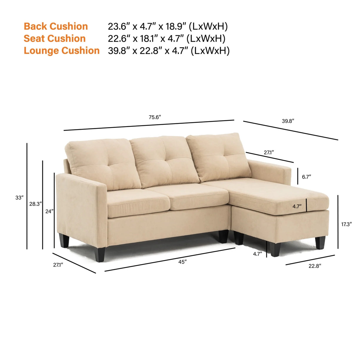 75" Gray Fabric Sofa and Chaise Convertible to Ottoman B841