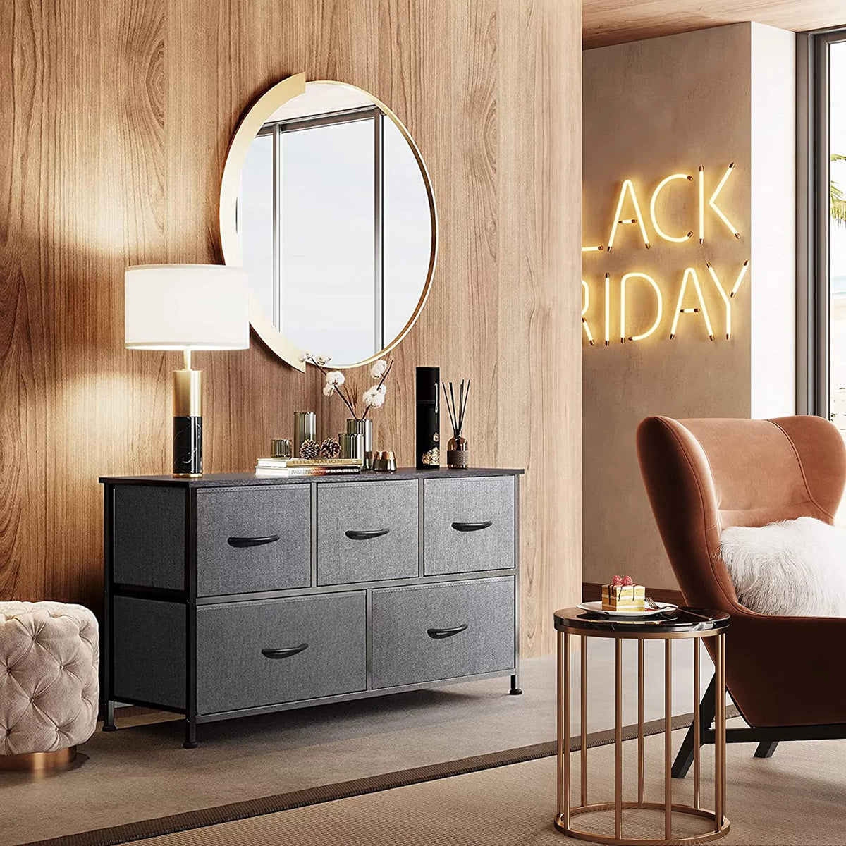 5 Drawer Fabric Dresser with Wood Top H5077