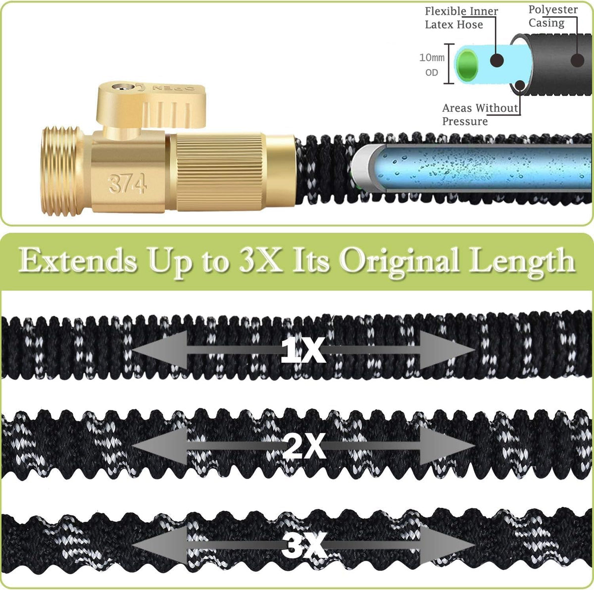 50FT Expandable Garden Hose with 9 Function Nozzle and Solid Brass Fittings I625