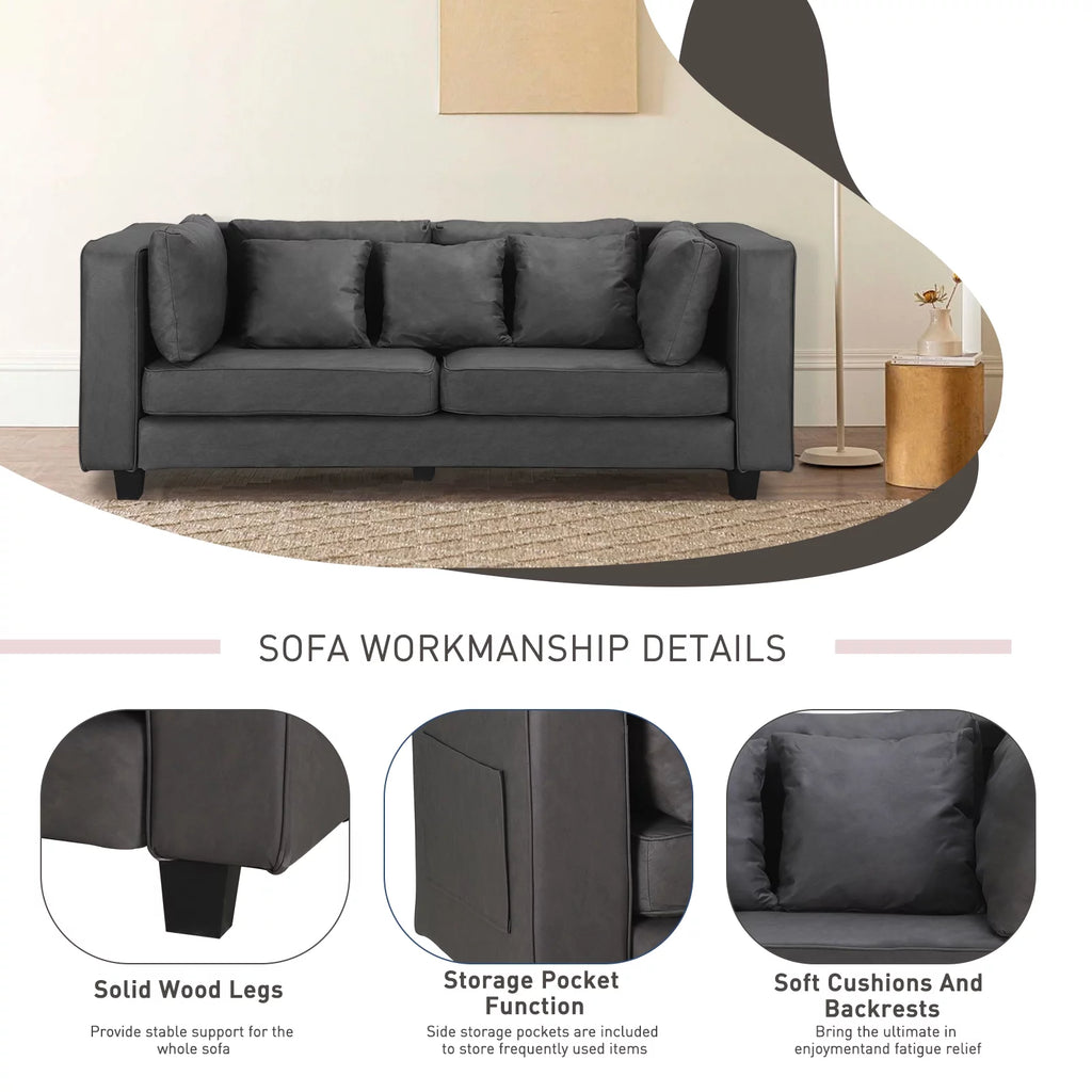 Grey Faux Leather Sofa with 5 Pillows C949