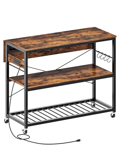 Kitchen Island with Power Outlet and Folding Top, 3-Tier Storage, Wine Rack F59695