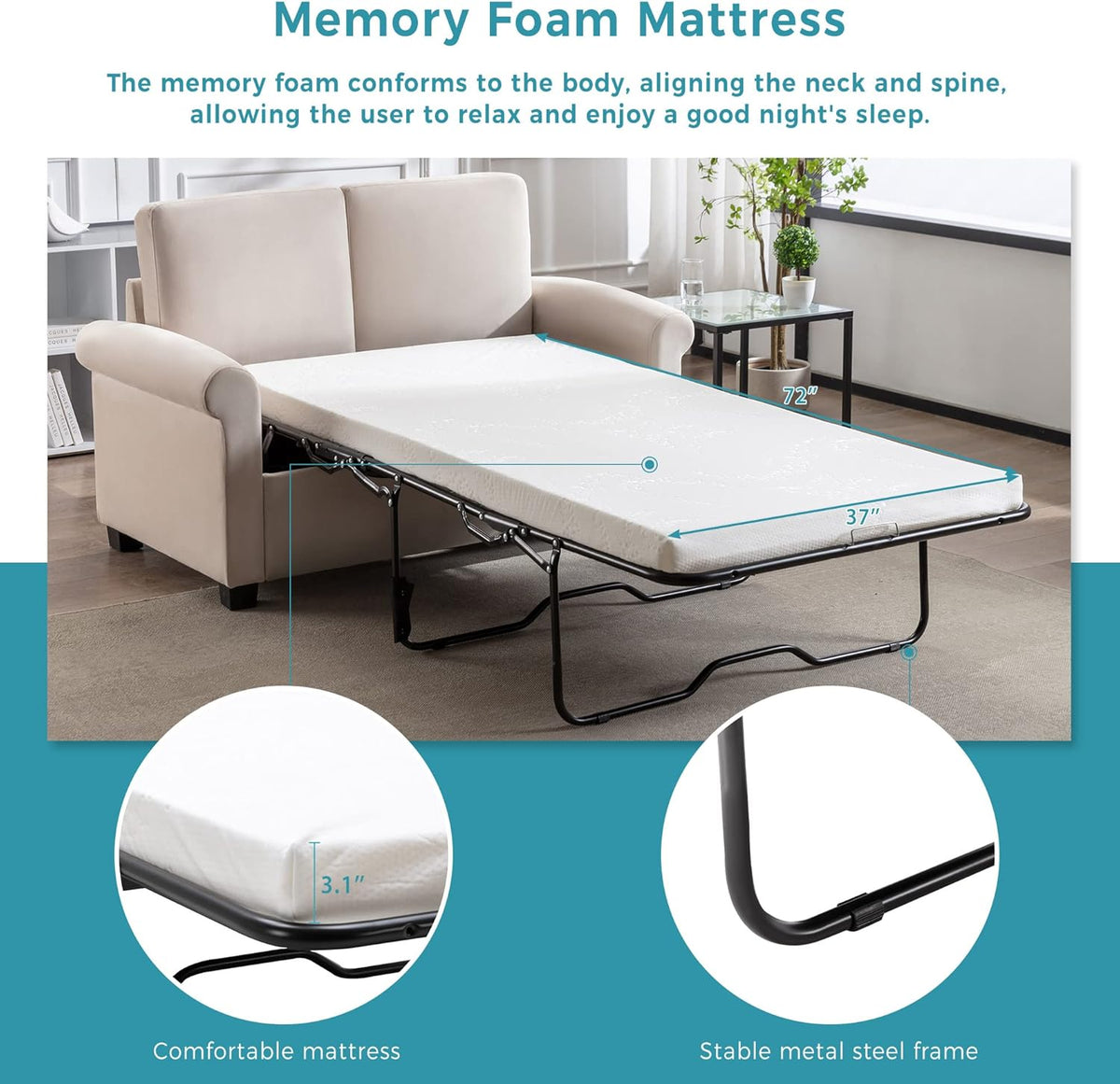 Beige White Pull Out Sofa Bed with Twin Size Mattress Pad N5144