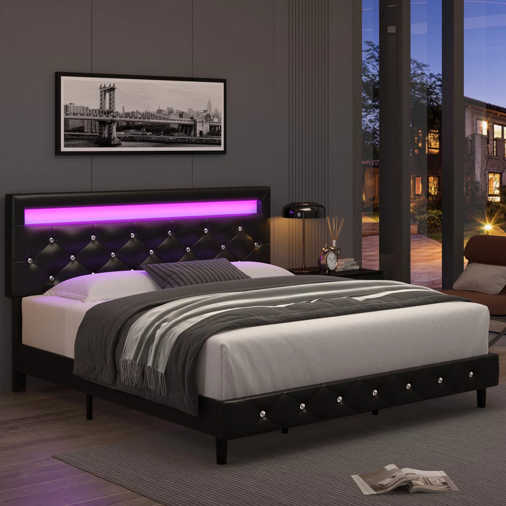 Queen Size LED Upholstered Platform Bed Frame with Adjustable Headboard X884