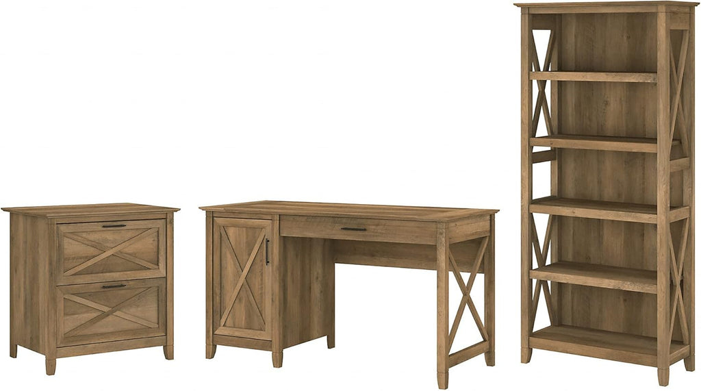 54W Reclaimed Pine Computer Desk with 2 Drawer File Cabinet and 5 Shelf Bookcase H11128