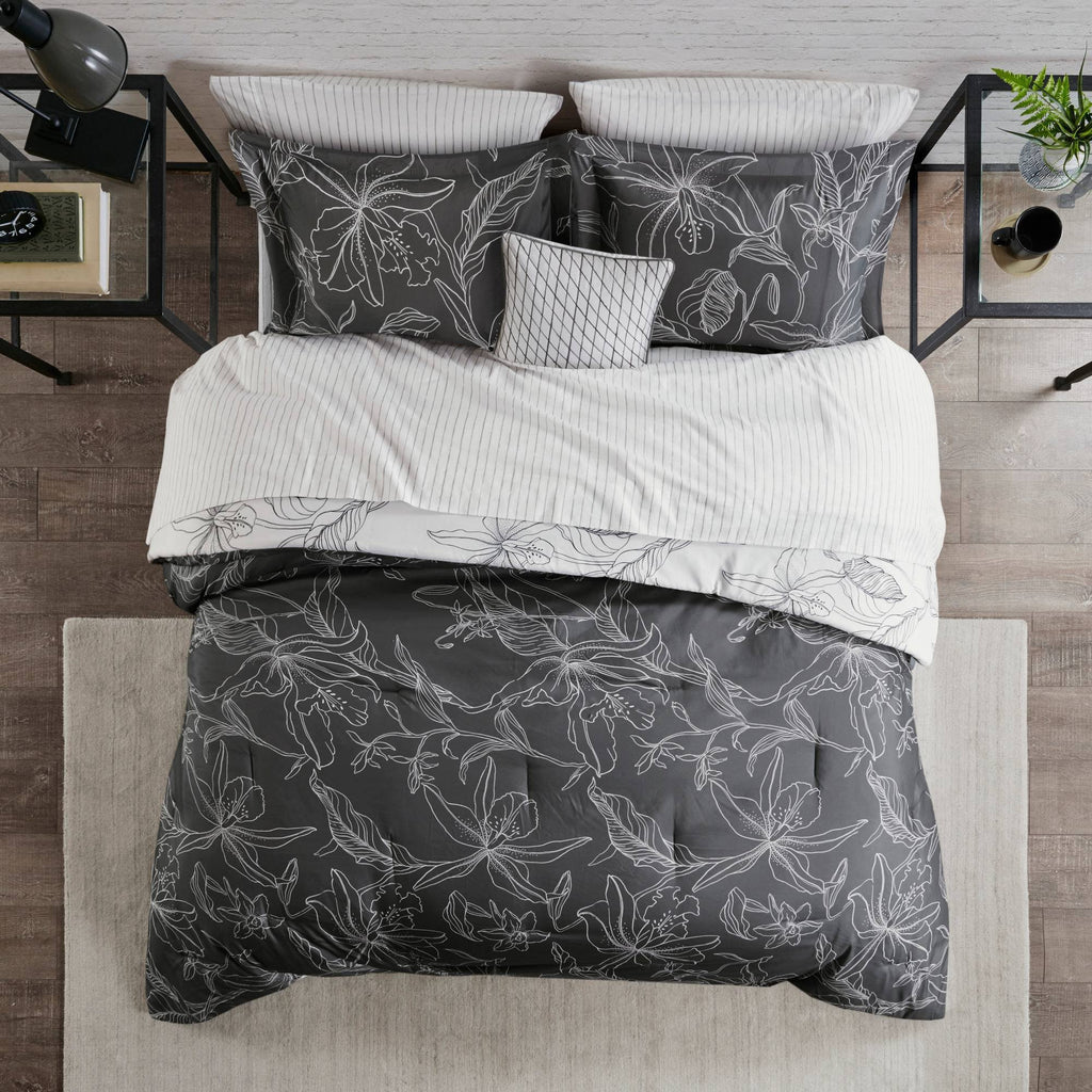 Full White/ Charcoal Reversible Complete Bedding Set with Cotton Sheet S81205