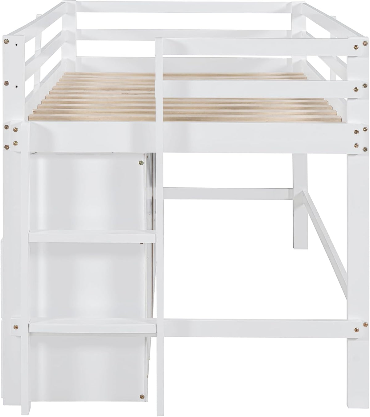White Wooden Twin Size Loft Bed with 4 Drawers D1413
