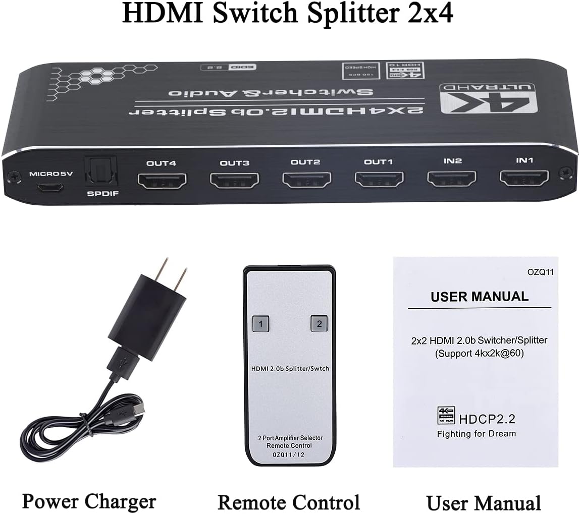 4K HDMI Splitter 2x4 with Audio Extractor and IR Remote Control, Pack of 2 Z510060