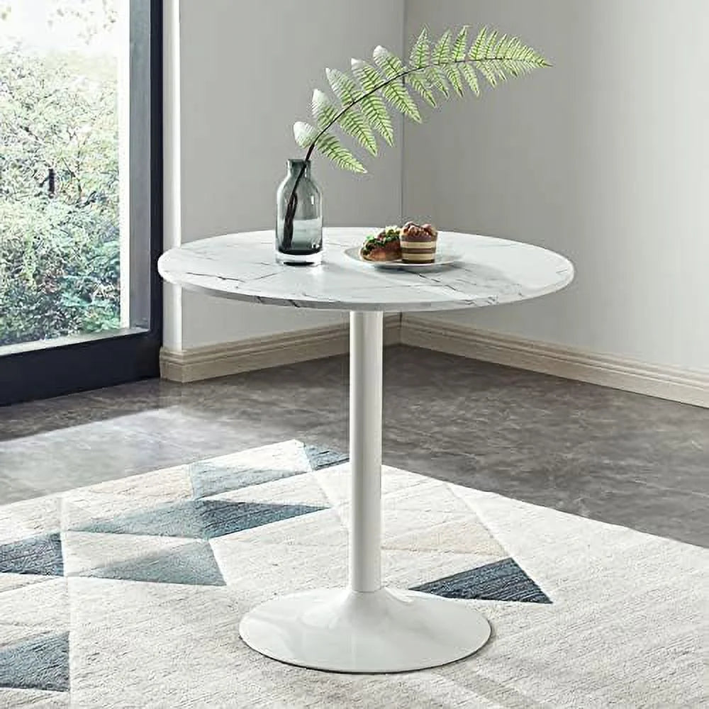 White Round Dining Table with Faux Marble Top H4794