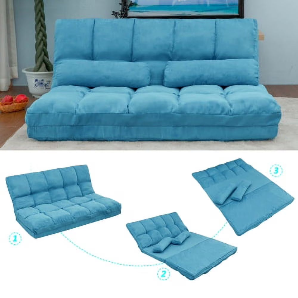 Blue Double Chaise Lounge Sofa with Two Pillows V491