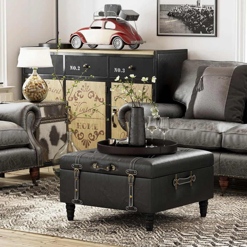 Black Faux Leather Ottoman H6758
