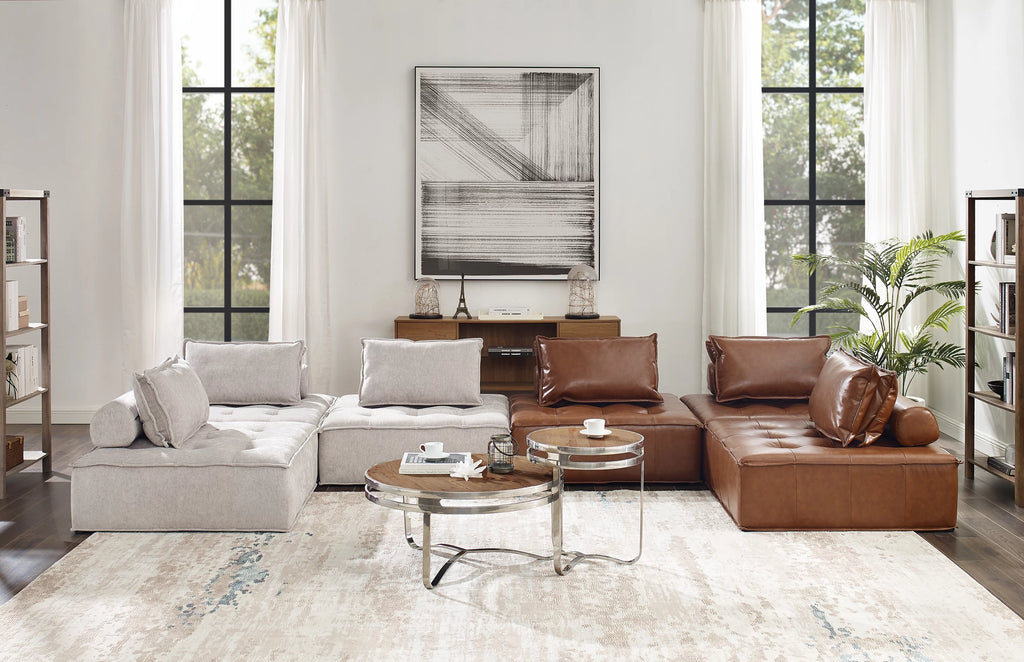 Beige Fabric Button Tufted Sectional Sofa T9728