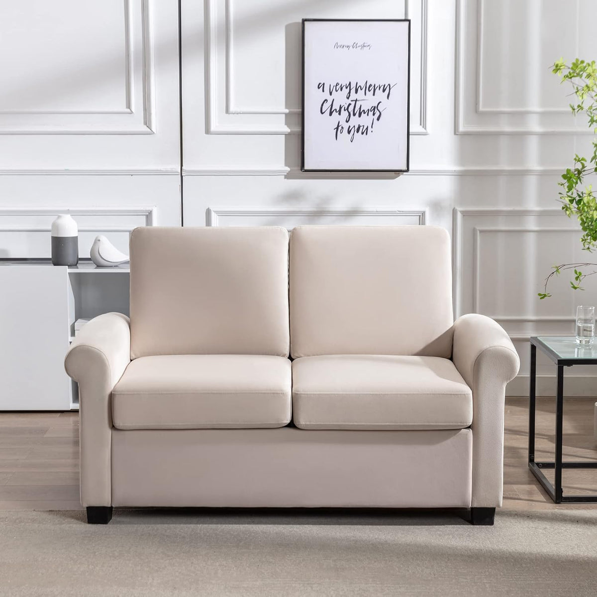 Beige White Pull Out Sofa Bed with Twin Size Mattress Pad N5144