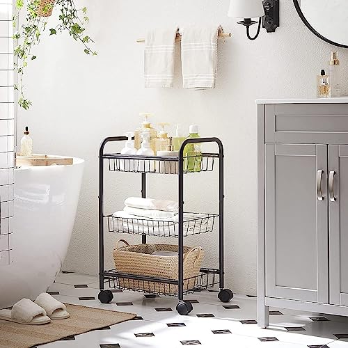 Black 3-Tier Metal Rolling Cart with Baskets and Lockable Handles D289