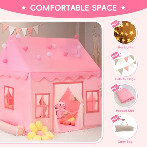 Large Kids Tent Playhouse Base Fabric with Star Lights, Flags and Tote Bags, Washable Teepee Tent, Neutral Color I4122