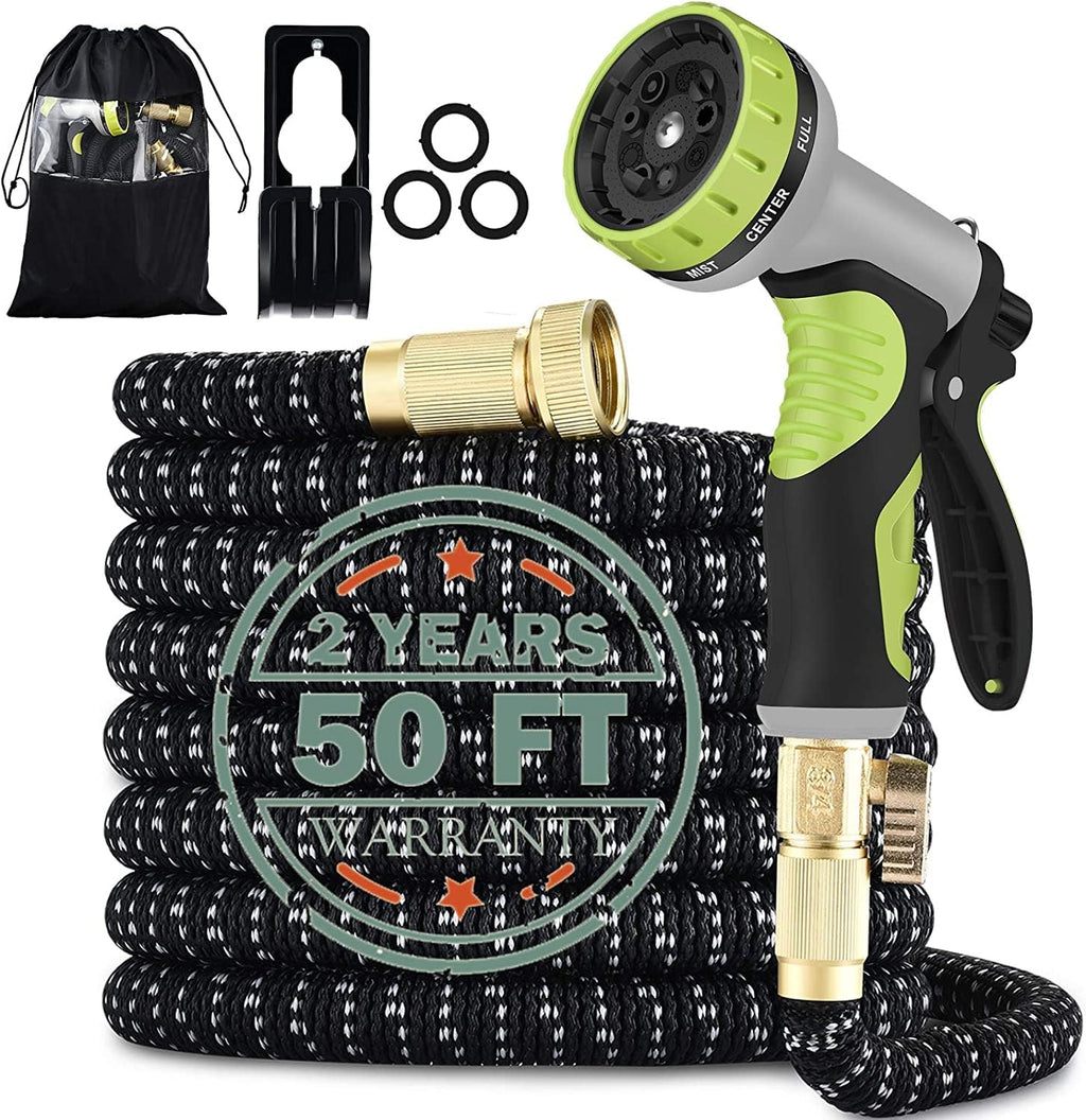 50FT Expandable Garden Hose with 9 Function Nozzle and Solid Brass Fittings I625
