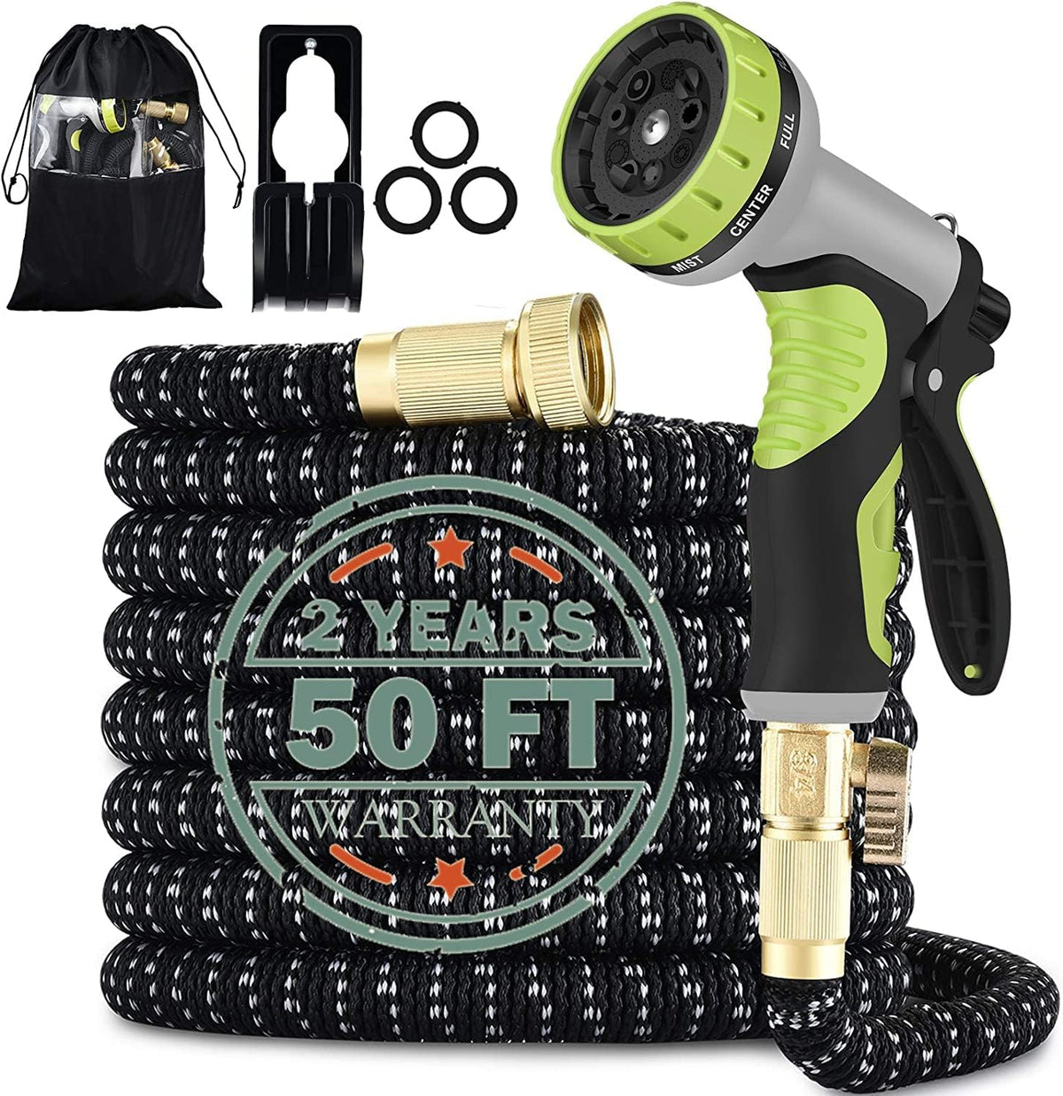 50FT Expandable Garden Hose with 9 Function Nozzle and Solid Brass Fittings I625