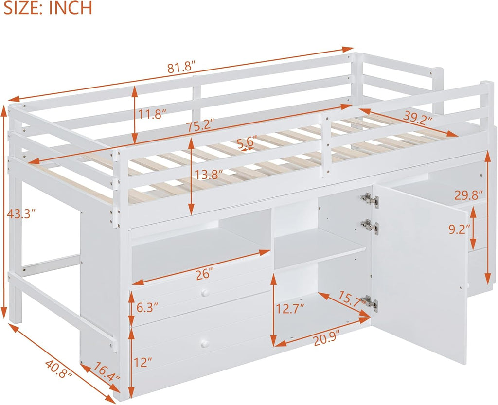 White Wooden Twin Size Loft Bed with 4 Drawers D1413