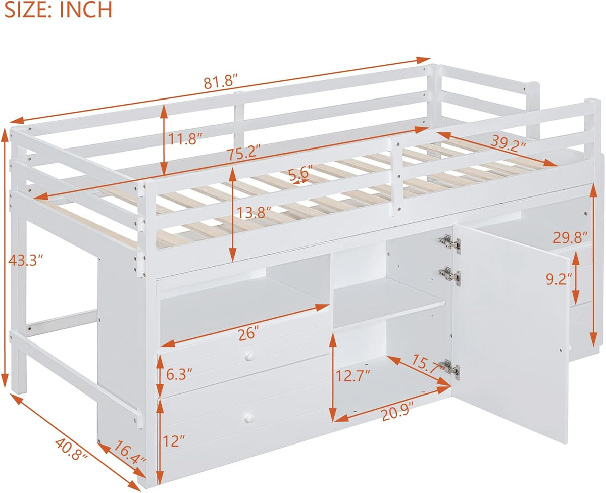 White Wooden Twin Size Loft Bed with 4 Drawers D1413