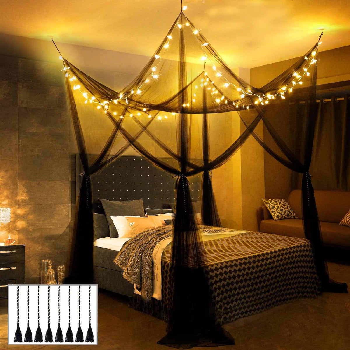 LED Black Canopy Bed Curtains with Lights 4 Corner Post King Queen Bed P123