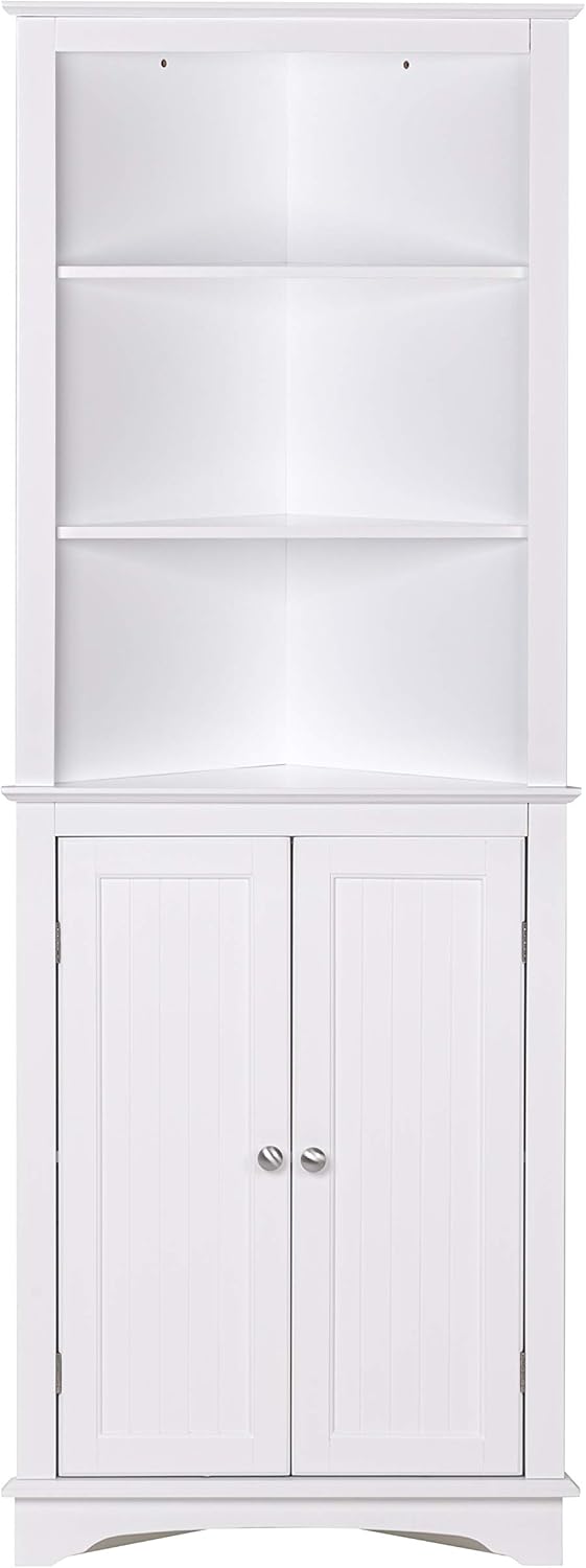 White Tall Corner Storage Cabinet with Two Doors and Three Tier Shelves B5969