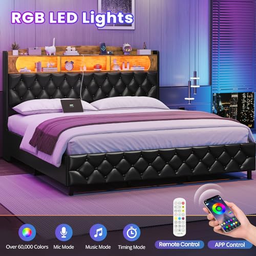 King Size Upholstered Storage Bed Frame with LED Lights K347