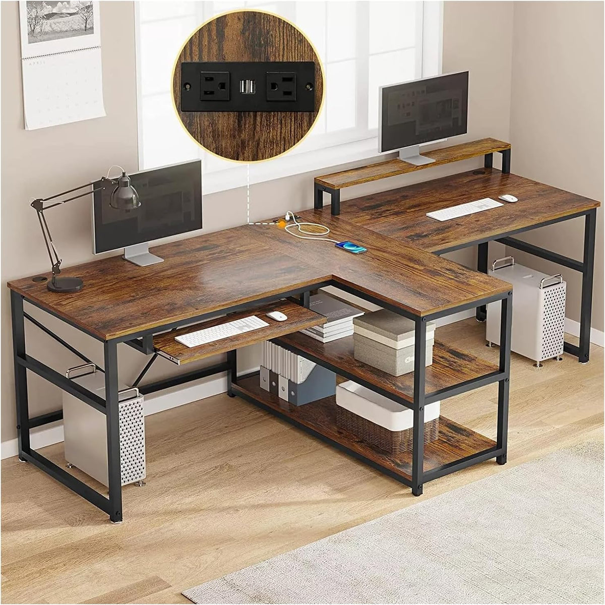 Brown 95 Inches Extra Long Double Desk Wood T63666