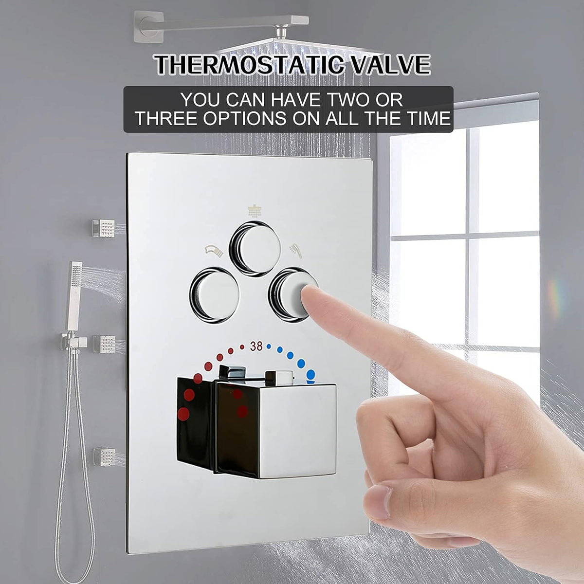 Thermostatic Shower System with Body Spray Jets 12 Inch LED Rain Shower Combo Chrome K60597