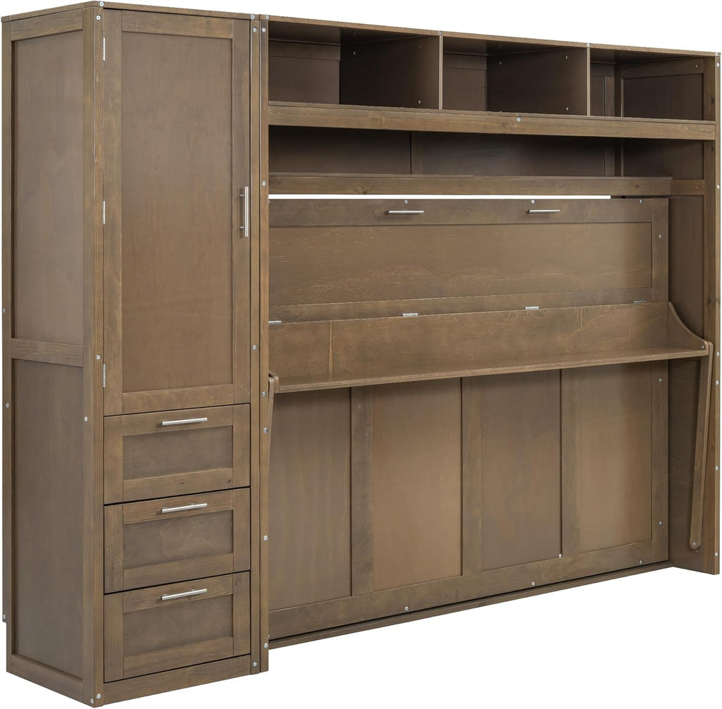 Full Size Murphy Bed Frame with Wardrobe, 3 Drawers and Open Shelves U8167