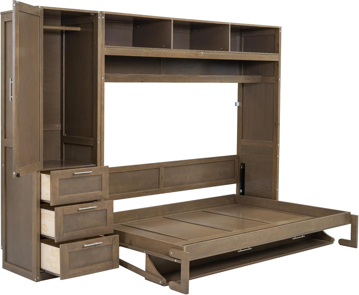 Full Size Murphy Bed Frame with Wardrobe, 3 Drawers and Open Shelves U8167