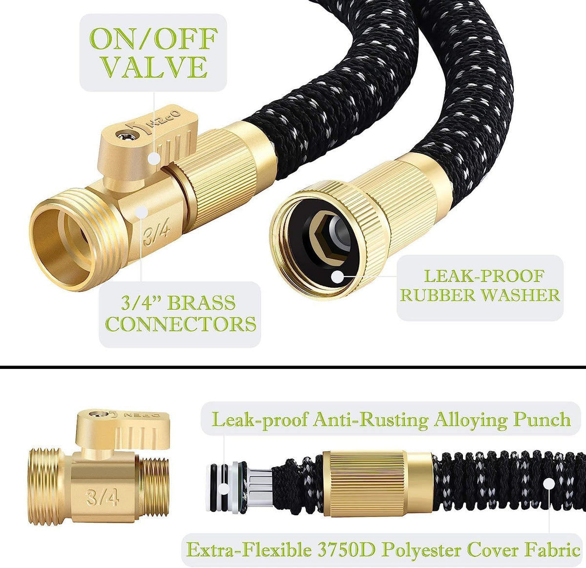 50FT Expandable Garden Hose with 9 Function Nozzle and Solid Brass Fittings I625