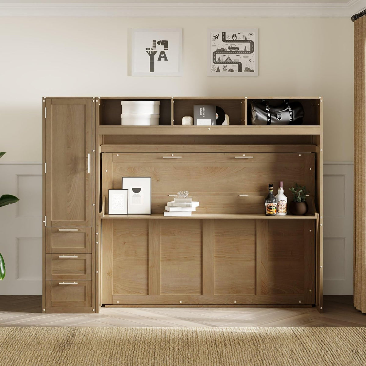 Full Size Murphy Bed Frame with Wardrobe, 3 Drawers and Open Shelves U8167