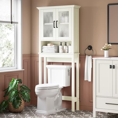 Espresso Over The Toilet Storage Cabinet with Glass Doors and Adjustable Shelf A97143